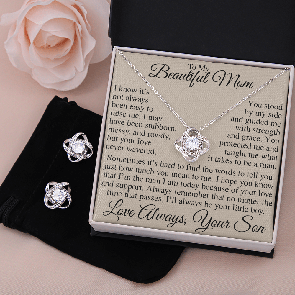 To My Beautiful Mom I'll Always Be Your Little Boy | Love Knot Necklace & Earring Set