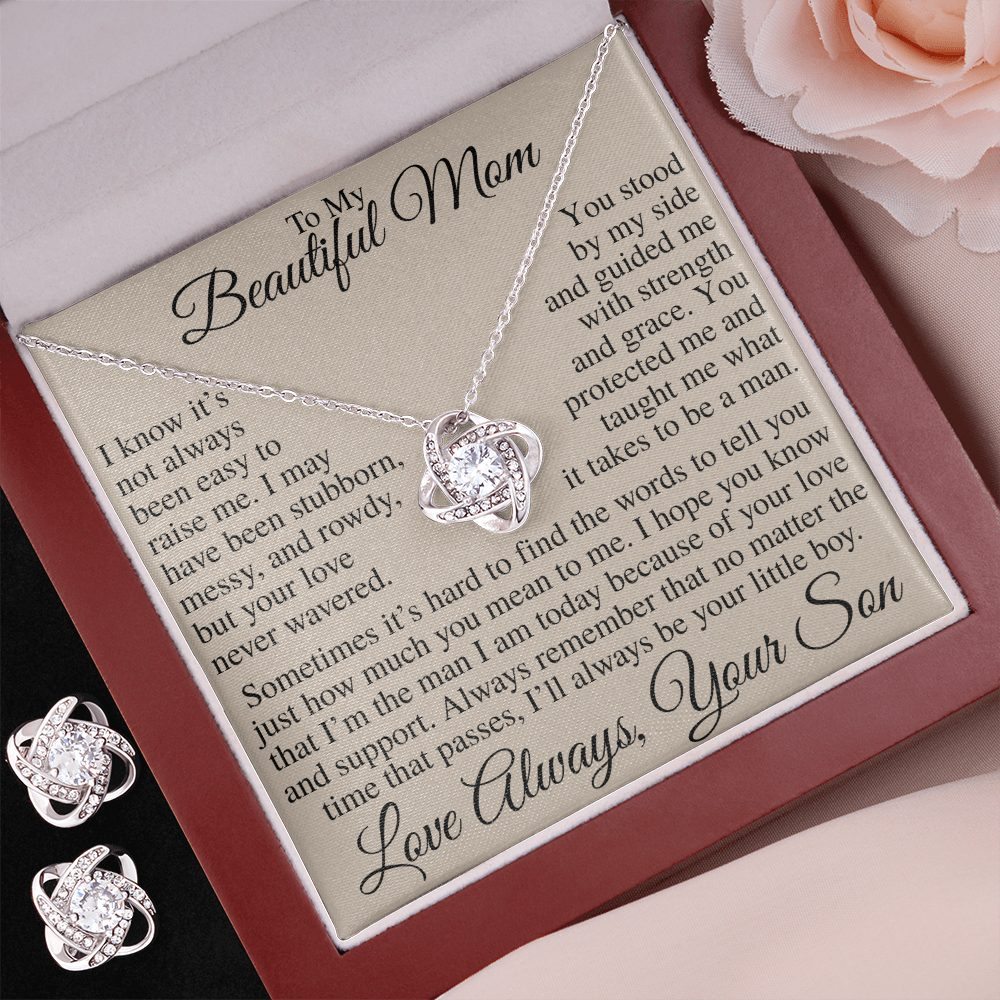 To My Beautiful Mom I'll Always Be Your Little Boy | Love Knot Necklace & Earring Set