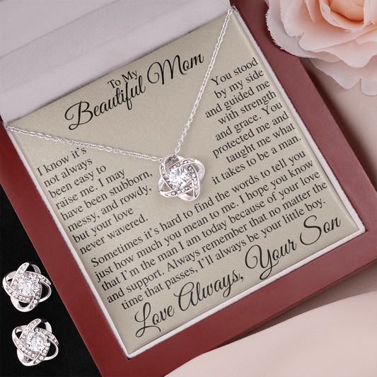 To My Beautiful Mom I'll Always Be Your Little Boy | Love Knot Necklace & Earring Set