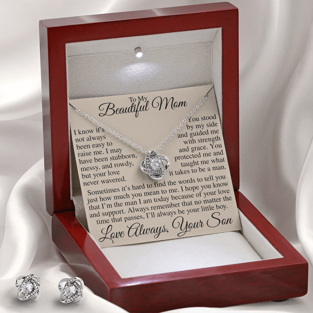 To My Beautiful Mom I'll Always Be Your Little Boy | Love Knot Necklace & Earring Set