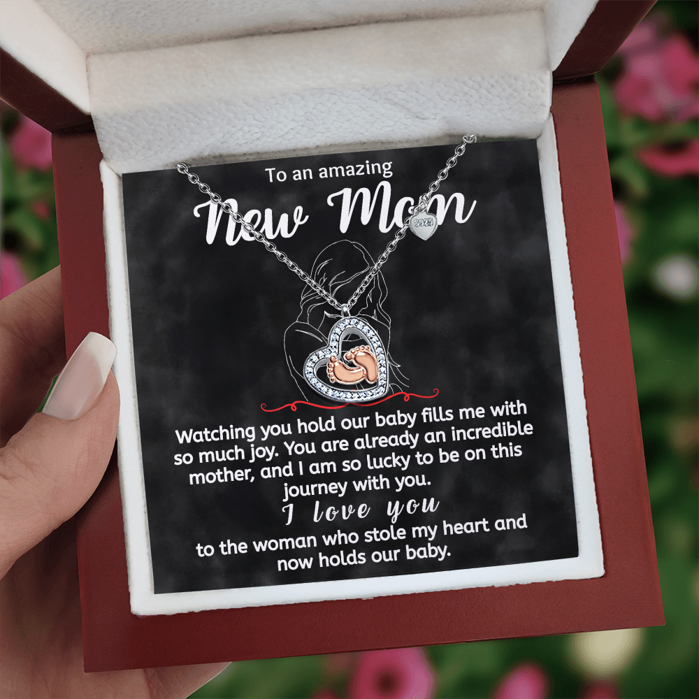 To An Amazing New Mom The Woman Who Stole My Heart | Baby Feet Heart Necklace
