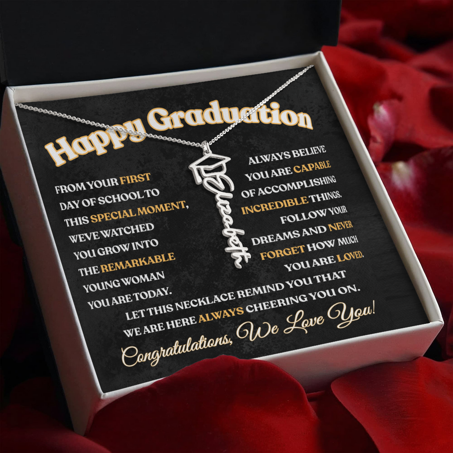 Happy Graduation We Love You | Graduation Cap Name Necklace