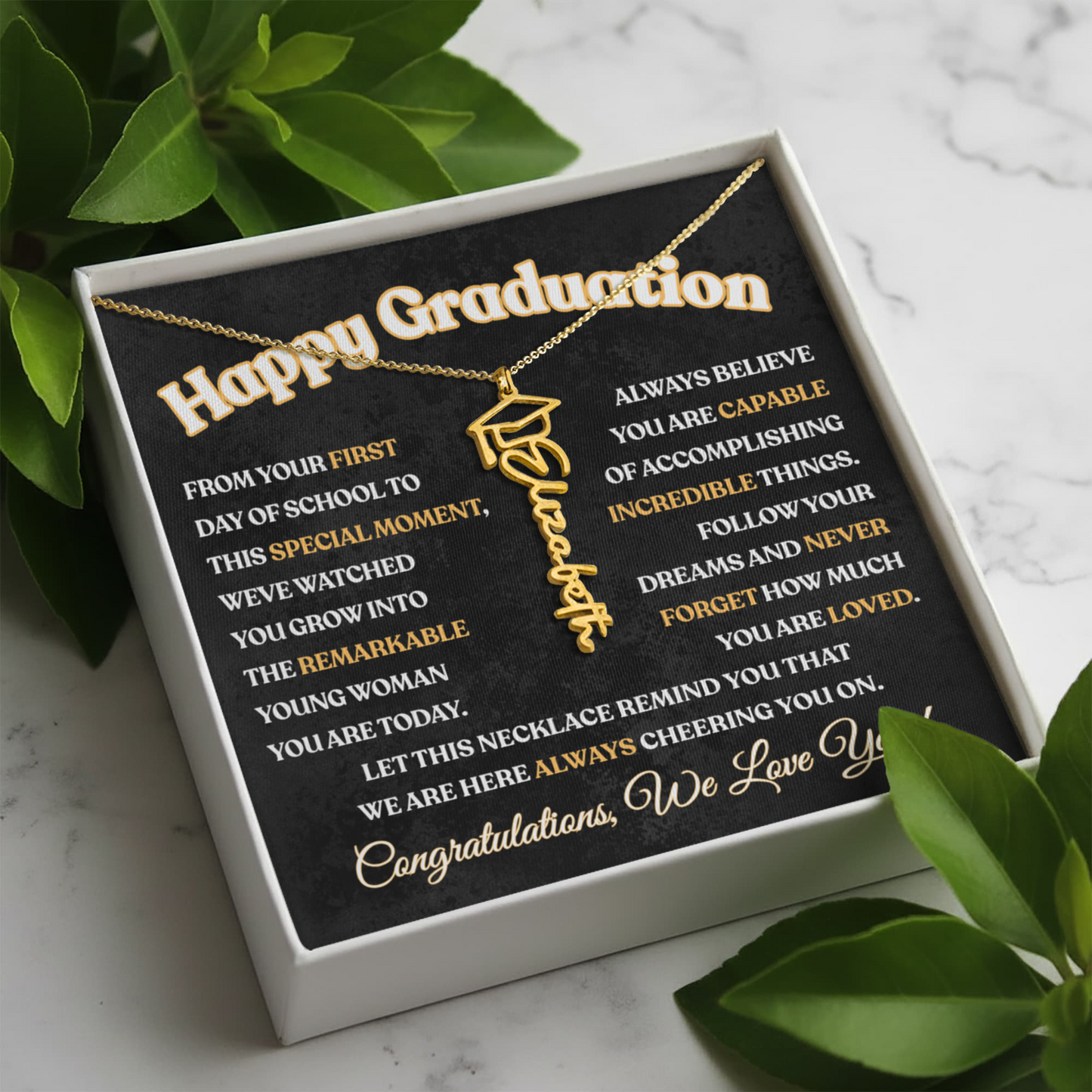 Happy Graduation We Love You | Graduation Cap Name Necklace